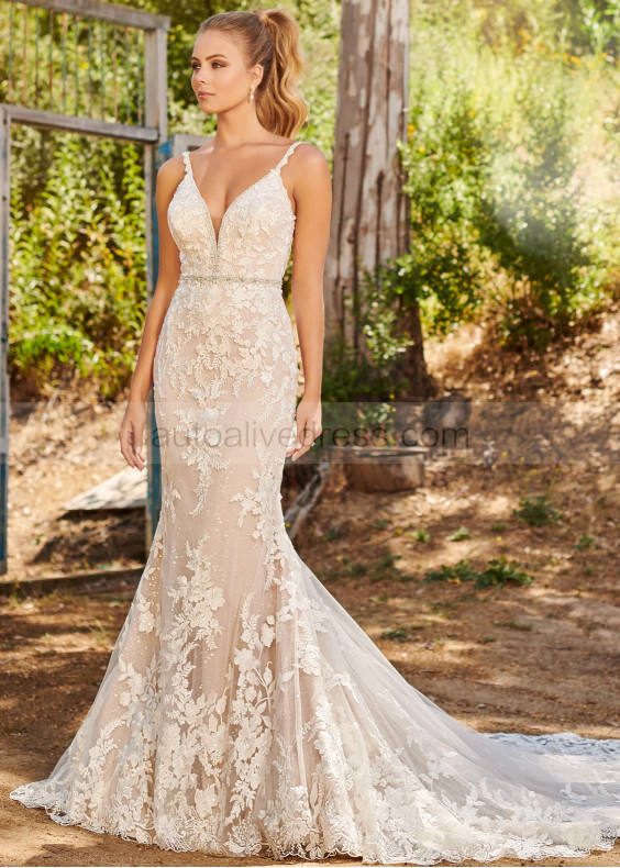 Beaded Ivory Lace Tulle Wedding Dress With Champagne Lining